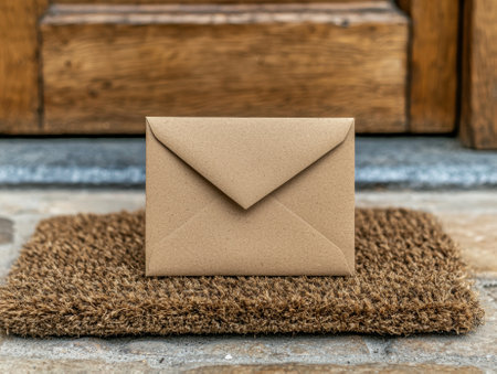 A brown envelope sits on a doormat outside a wooden door.の素材