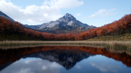 Scenic mountain landscape reflecting in a lake during autumn.の素材