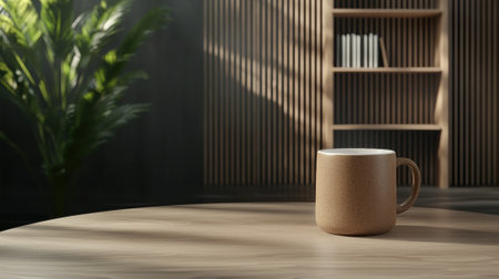 A mug sits on a wooden table in a modern interior.の素材