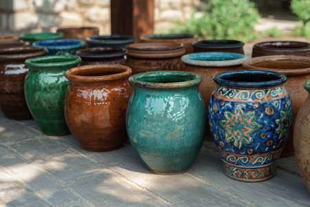 A collection of colorful ceramic pots sitting on a stone surface.の素材