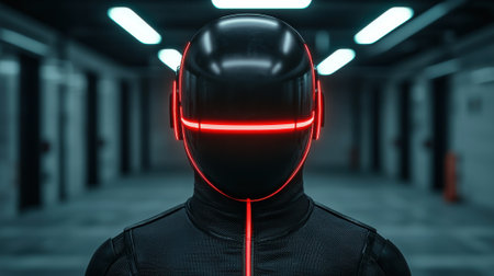 Futuristic figure in a dark corridor with glowing red lights.の素材