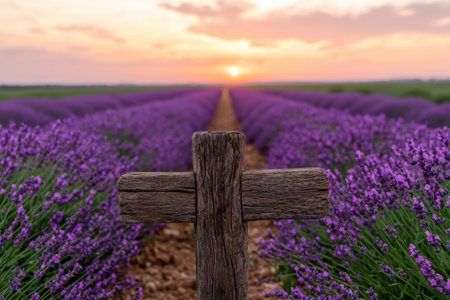 Wooden cross in a lavender field at sunset.の素材