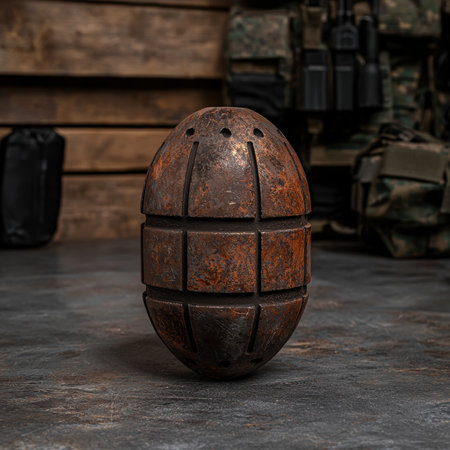 A rusty grenade on a textured surface with military gear in the background.の素材