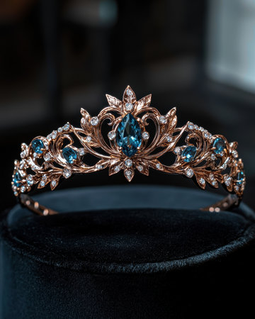 Elegant gold tiara with blue gemstones on a black velvet surface.の素材