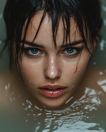 Close-up portrait of a woman in water.の素材