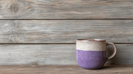 Two-tone mug on a wooden surface against a rustic wooden backdrop.の素材
