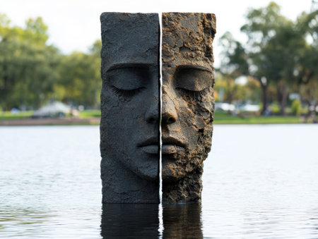 Two halves of a stone face sculpture in water.の素材