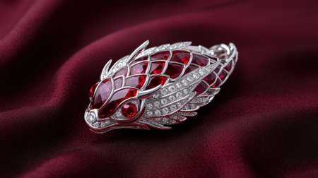 A decorative dragon brooch with red gemstones and diamonds.の素材