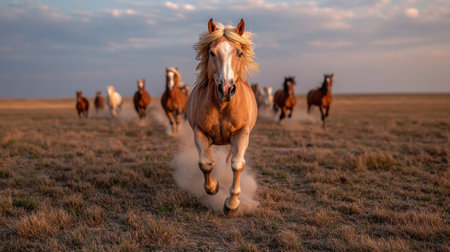 A herd of wild horses running across a grassy plain.の素材