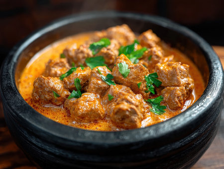 Delicious beef stroganoff in a black bowl.の素材