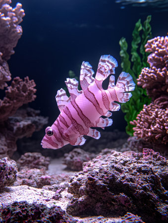 A pink and white striped fish swims in a coral reef.の素材