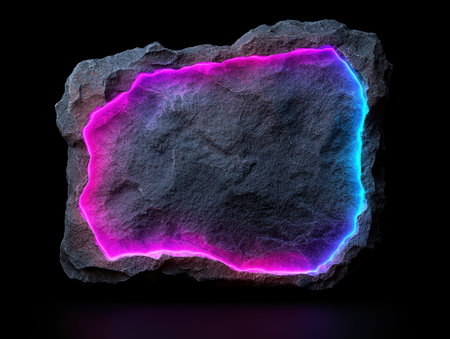 Abstract rock with neon glow on black background.の素材