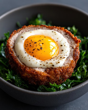 A scotch egg with a fried egg on top served on a bed of greens.の素材