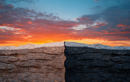 Divided rock wall against a dramatic sunset sky.の素材