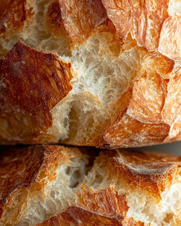 Close-up of freshly baked sourdough bread showing the crust and crumb.の素材