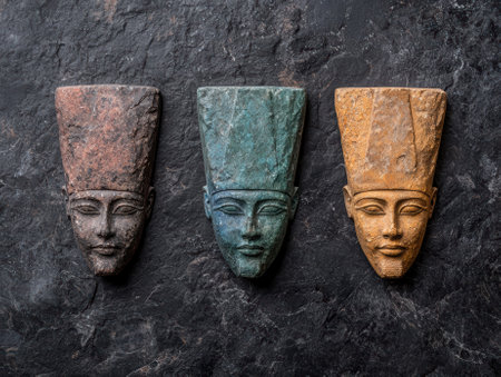 Three ancient Egyptian stone masks on a dark stone background.の素材
