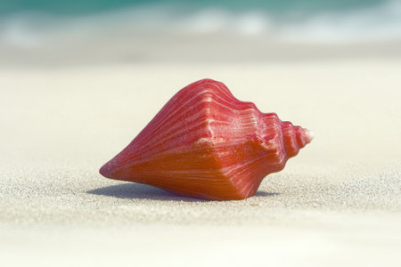 A red seashell on a sandy beach.の素材