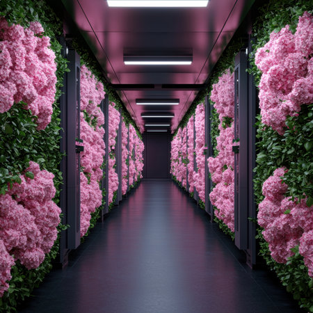 A futuristic server room with flowers growing on the server racks.の素材