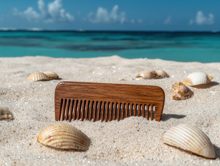 Wooden comb on a sandy beach with seashells.の素材