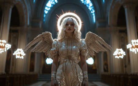 Angelic woman with wings and halo in a church.の素材