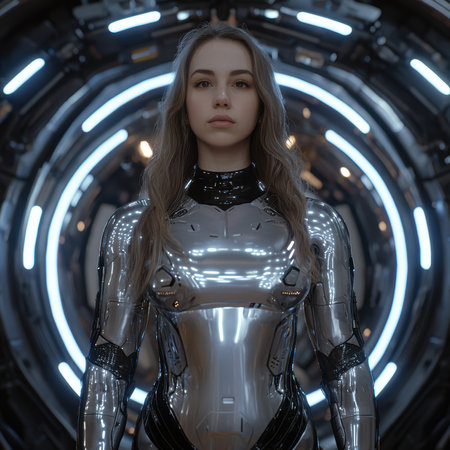 A futuristic woman in a metallic suit stands in a high-tech environment.の素材