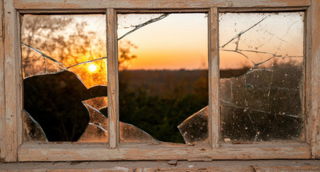 Broken window with a view of the sunset.の素材