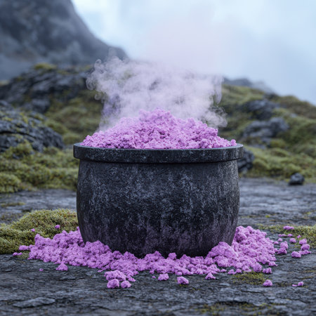 Cauldron filled with purple crystals and smoke in a fantasy landscape.の素材