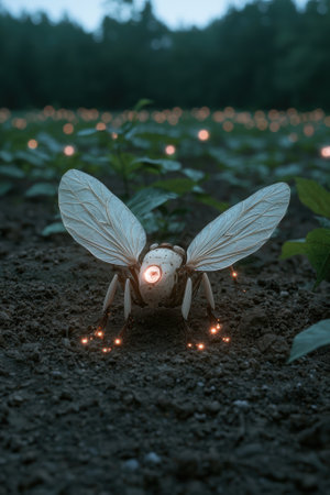 A futuristic robotic insect with glowing lights in a field at night.の素材