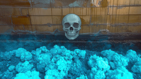 Skull on a brick wall with blue crystals.の素材