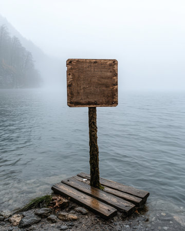 An old wooden sign stands on a platform in a misty lake.の素材