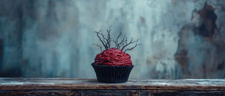 A spooky red velvet cupcake with dark twigs.の素材