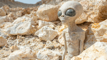 Alien humanoid figure standing among rocks.の素材