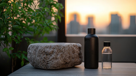 Still life featuring a stone, black bottle, and clear bottle against a cityscape backdrop at sunset.の素材