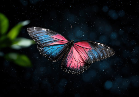 A beautiful butterfly with pink and blue wings on a dark background.の素材