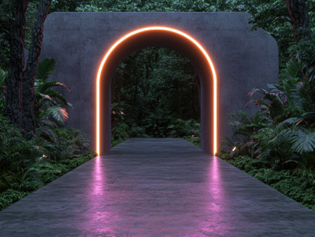 Neon portal in a forest landscape.の素材