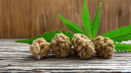 Close up of cannabis buds and leaf on a wooden surface.の素材