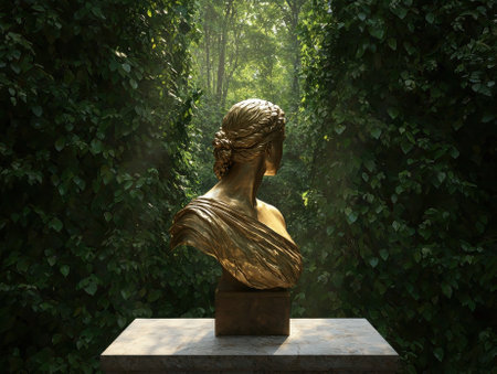 Golden bust statue in a lush green garden.の素材