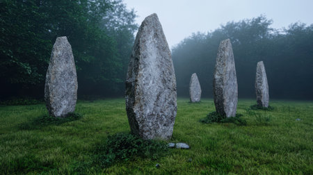 Standing stones in a misty field.の素材