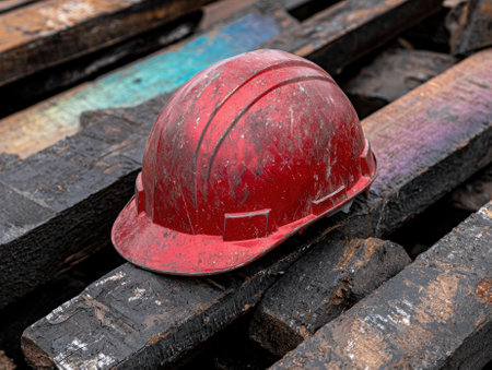 A red hard hat sits on charred wooden planks.の素材