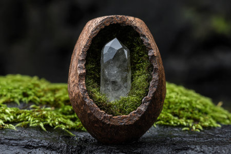 Quartz crystal in a wooden holder with moss.の素材
