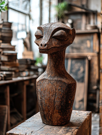 A wooden sculpture of a creature with a long neck.の素材
