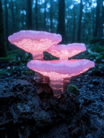 Glowing mushrooms in a dark forest.の素材