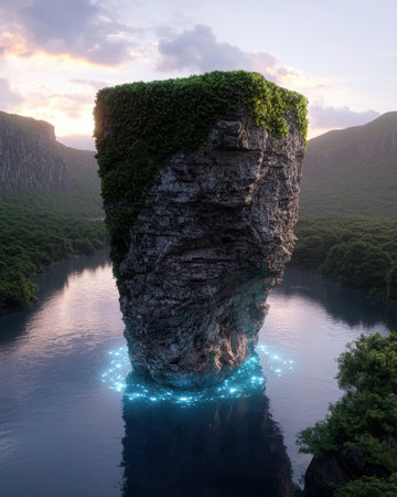 A large rock formation rises from a river, surrounded by lush greenery.の素材