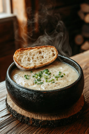 A bowl of hot soup topped with bread and chives.の素材