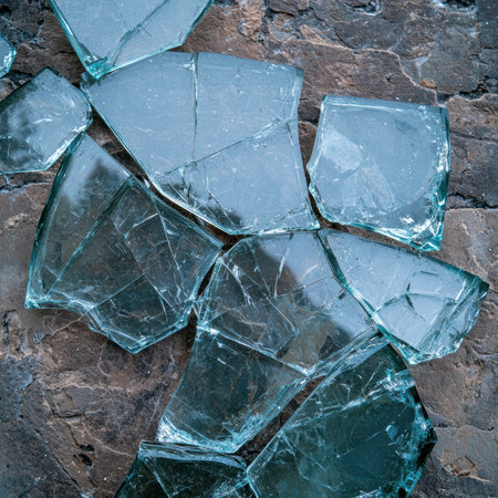 Broken glass shards on a rough surface.の素材