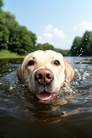 A happy labrador retriever swims in a river.の素材