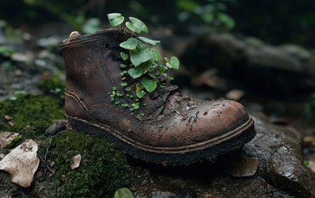 Old leather boot with plants growing inside.の素材