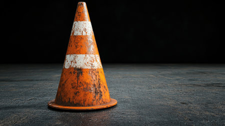 Orange traffic cone on asphalt surface.の素材
