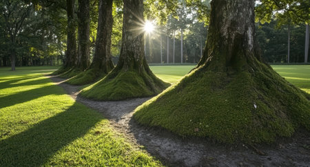 Sunlight filters through mossy trees in a tranquil forest setting.の素材