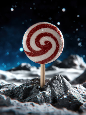 A red and white lollipop on a lunar landscape.の素材